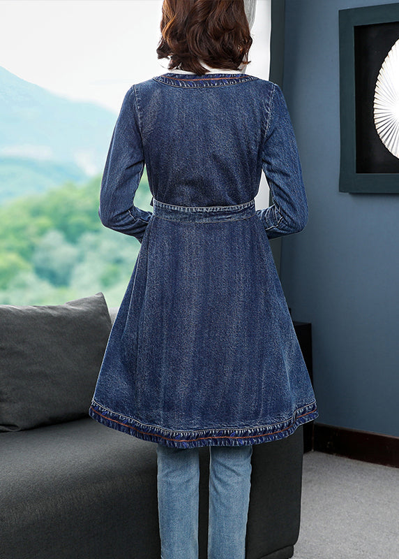 Blue Low High Design V Neck Embroideried Cotton Denim Trench Coats Long Sleeve