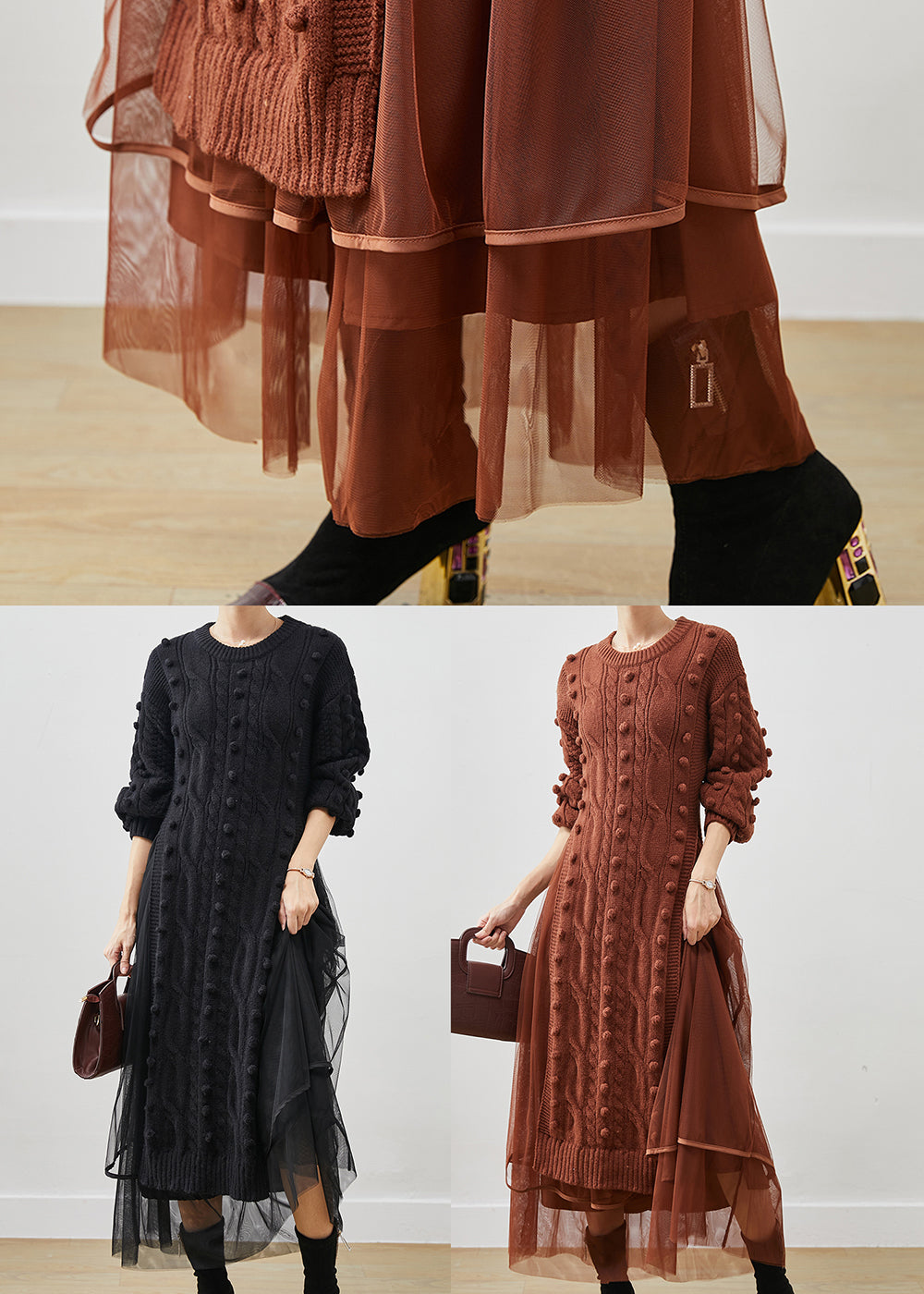 Black Side Open Knit Sweater Dress and Tulle Skirt Two Pieces Set Winter