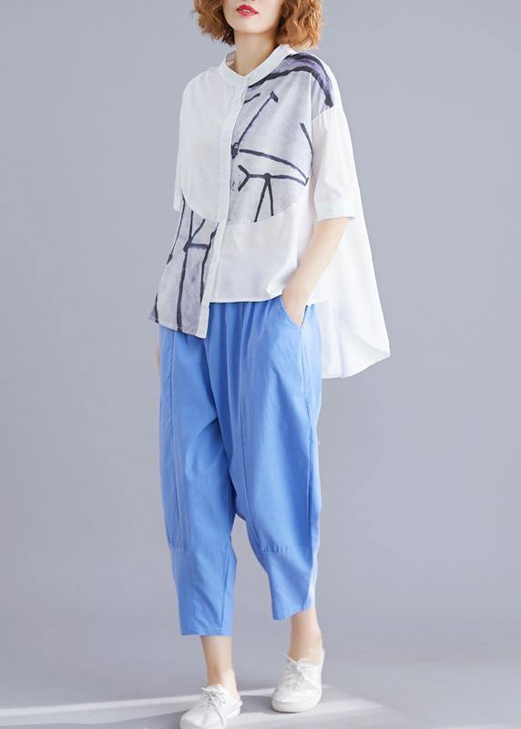 Stylish Blue Summer Print Asymmetrical Design Top