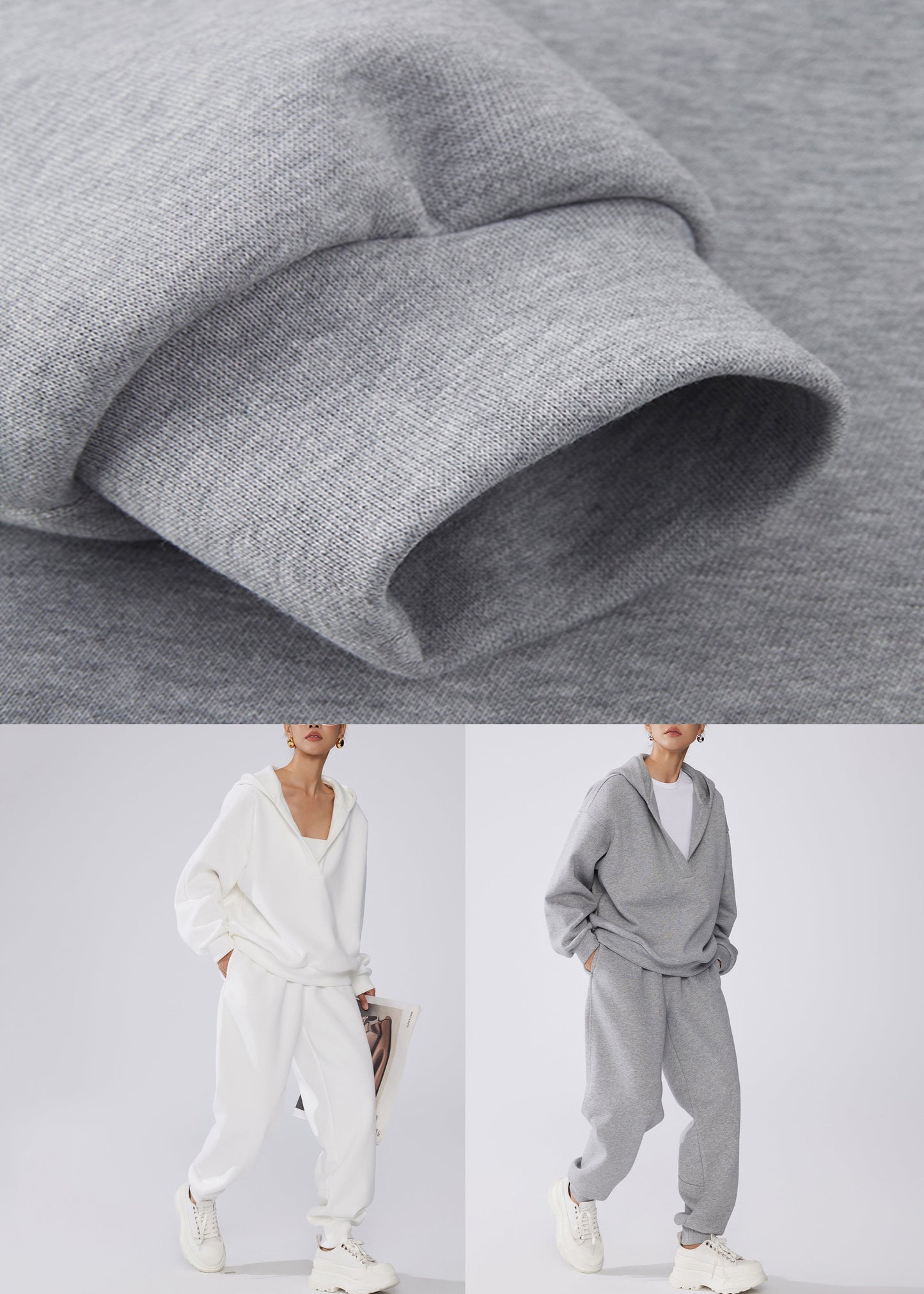Loose Grey Hooded Sweatshirt and Pants Warm Fleece Two Pieces Set Winter