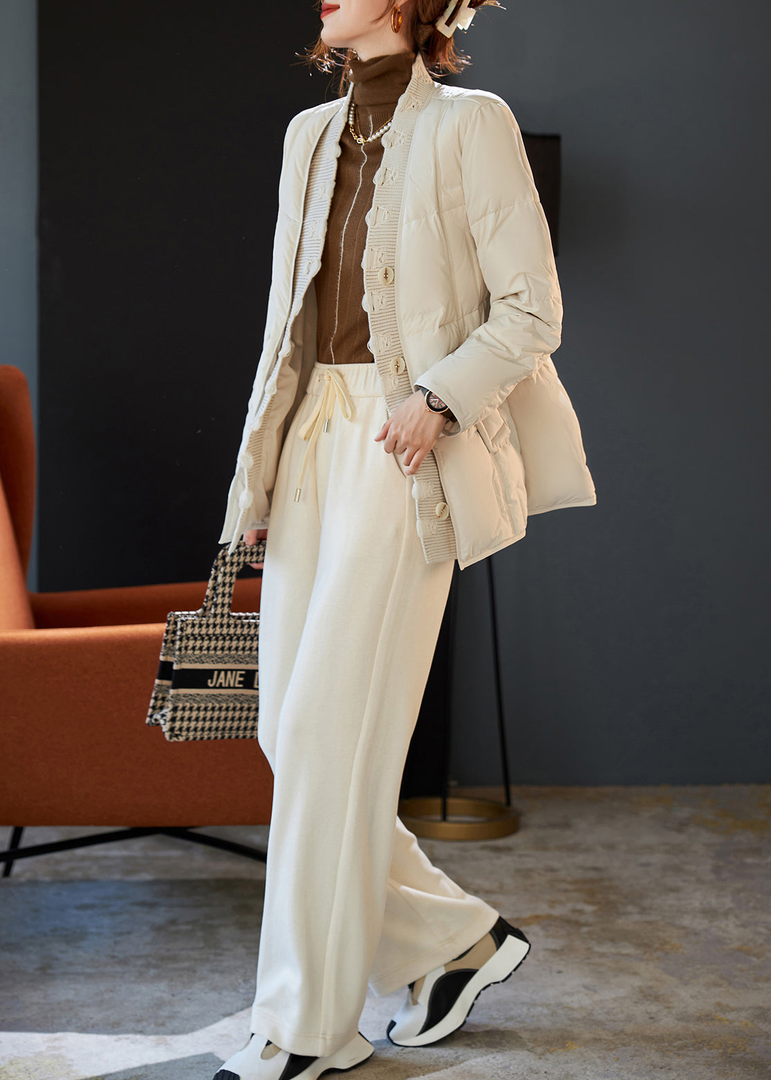 Beige V Neck Patchwork Duck Down Puffers Jackets Winter