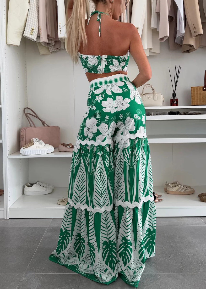 Green Patchwork Lingerie Top and Maxi a Line Skirts Two Pieces Set Sleeveless