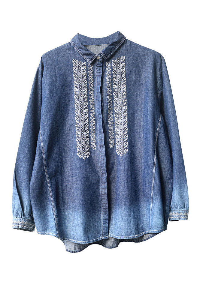 Blue Peter Pan Collar Embroideried Cotton Denim Shirt Top Long Sleeve