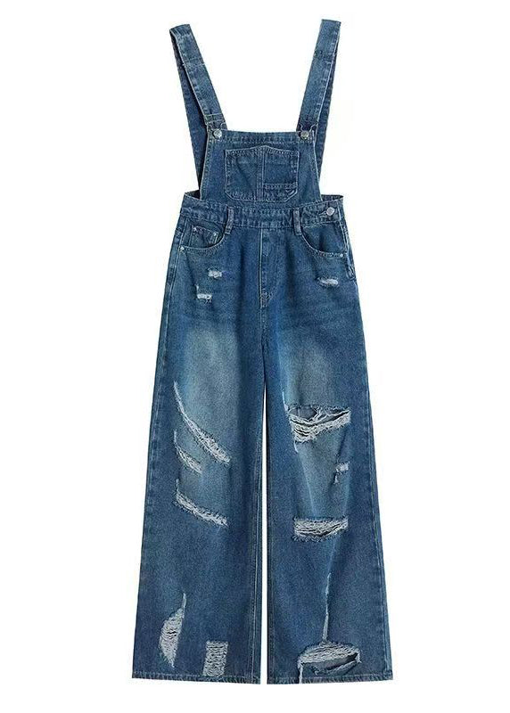 New Blue Ripped Denim Wide Leg Overalls Jumpsuit Fall