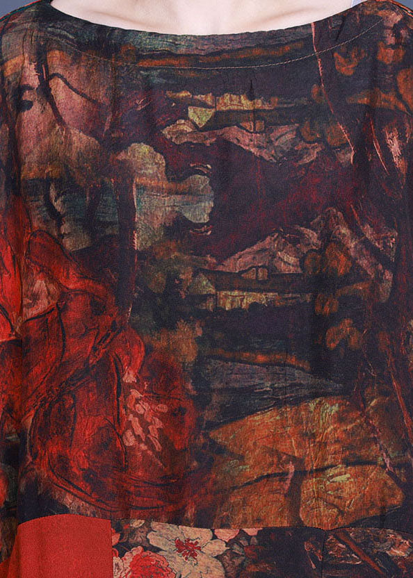 Orange Print Patchwork Asymmetrical Design Fall Maxi Dresses