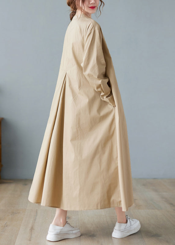 Loose Khaki O-neck Button Wrinkled Pocket Shirt Dresses Long Sleeve Fall
