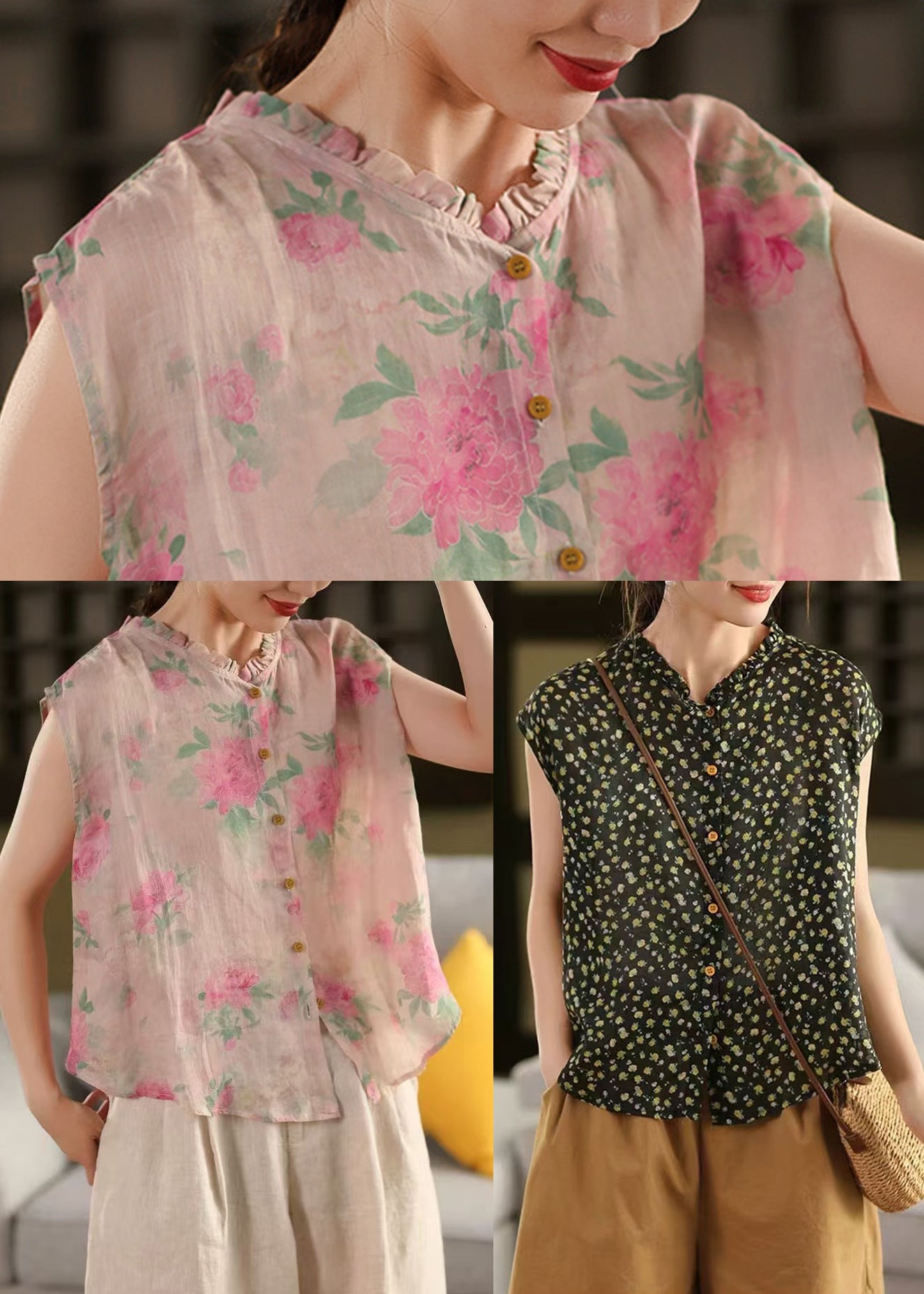 Diy Pink Ruffled Print Linen Tops Sleeveless
