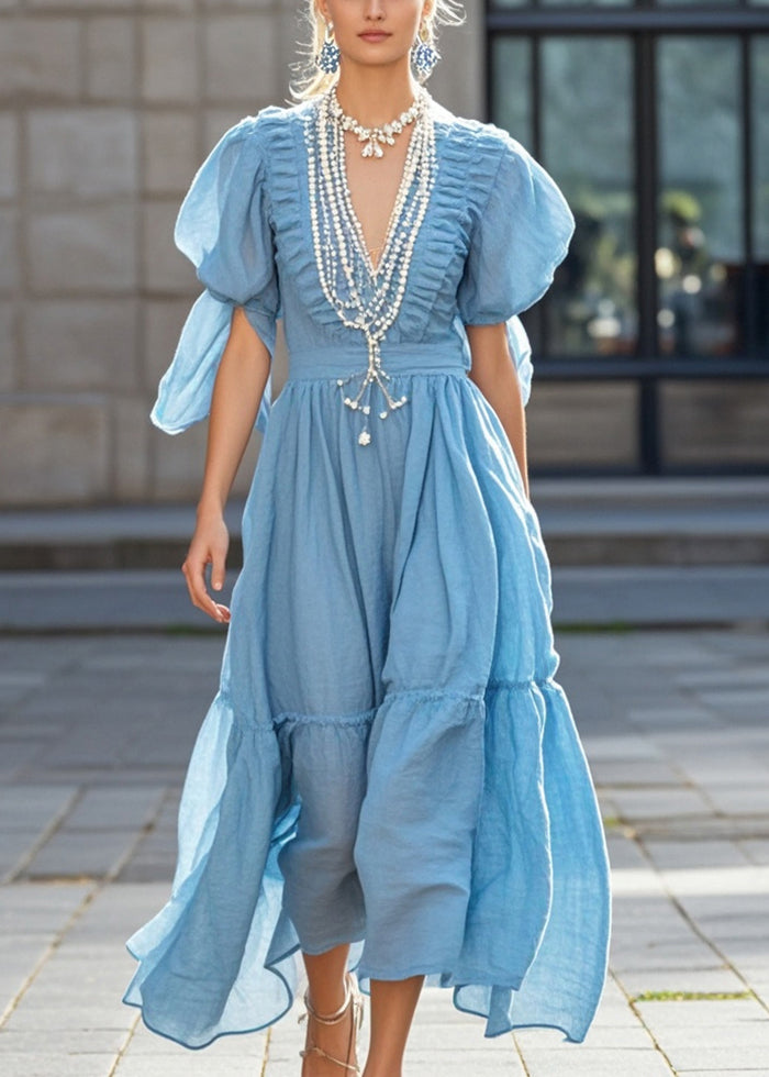 Sky Blue Puff Sleeve Nail Bead Cotton Long Dress