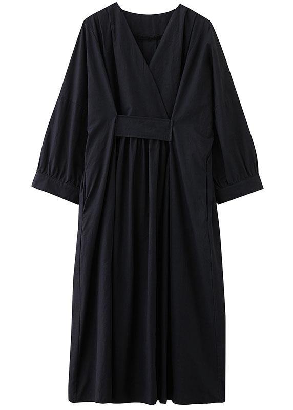 Black Slim Fit V Neck Pockets Fall Long Dresses Long Sleeve