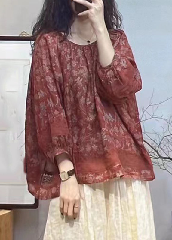 Red O-neck Print Hollow Out Patchwork Tops Lantern Sleeve