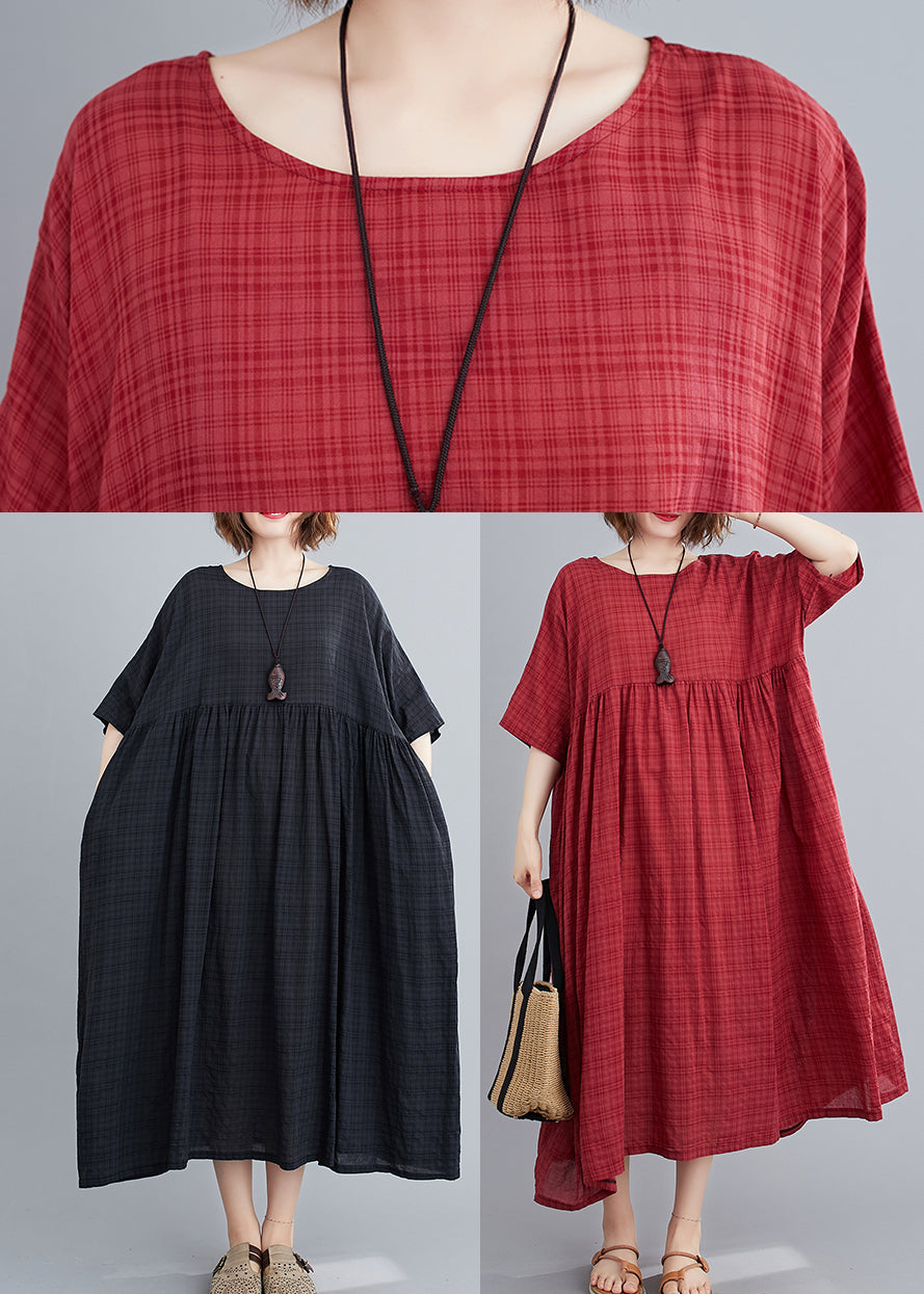 Black Plaid Loose Linen Dress Wrinkled Short Sleeve