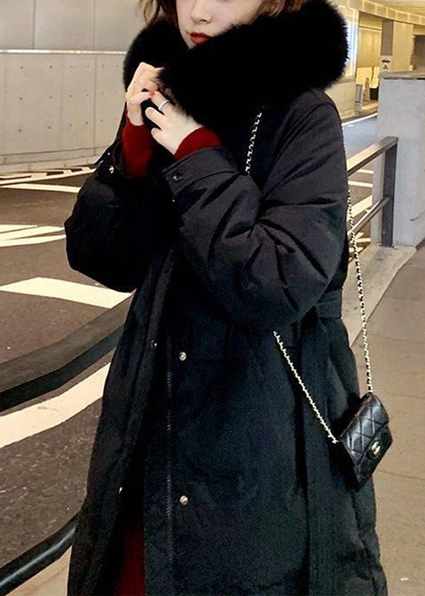 Black Fur Collar Hooded Tie Waist Fine Cotton Filled Puffers Coat Winter