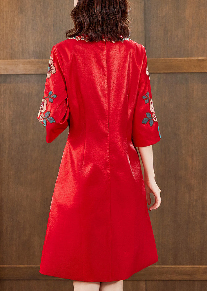 Red O-neck Print Silk Mid Dress Half Sleeve