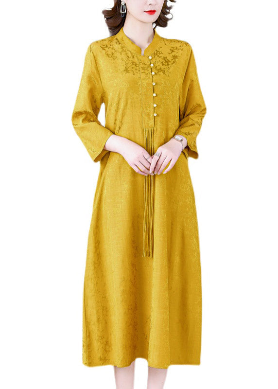 Yellow Stand Collar Tassel Button Silk Long Dresses Long Sleeve