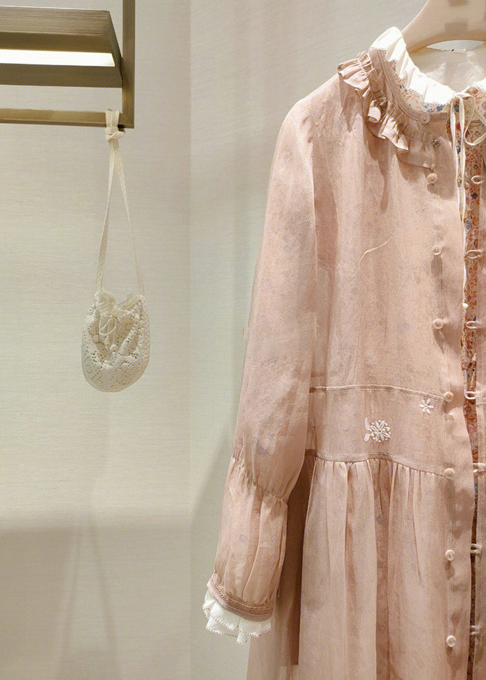 Pink Ruffled Button Print Cotton Two Pieces Set Dress Spring