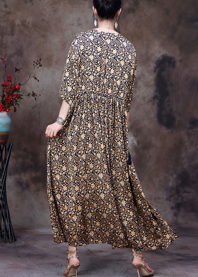 Blue Print V Neck Drawstring Silk Long Dresses for Half Sleeve