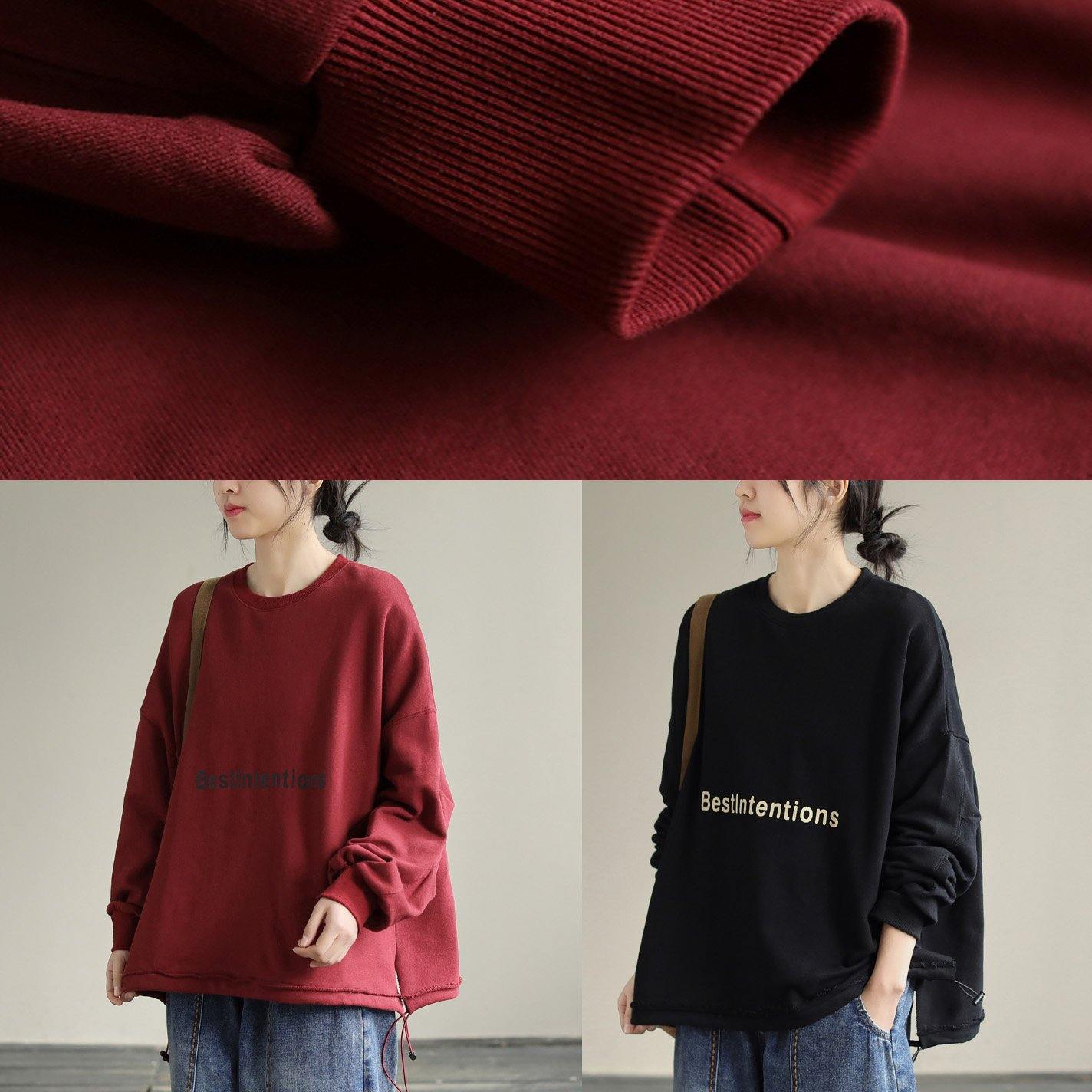 Style Red Alphabet Prints Cotton Blouse Drawstring Baggy Spring Blouses