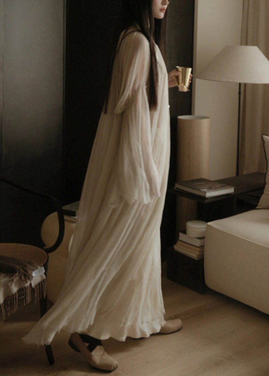 White Wrinkled Silk Cotton Long Dress Flare Sleeve