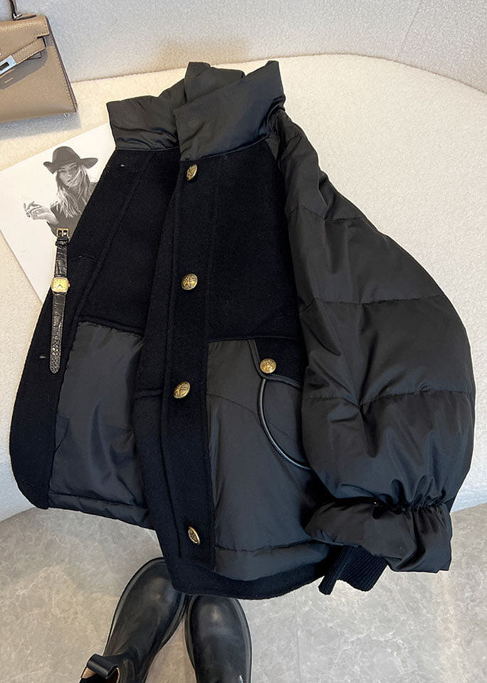 Black Stand Collar Drawstring Zippered Fine Cotton Filled Puffer Jacket Winter