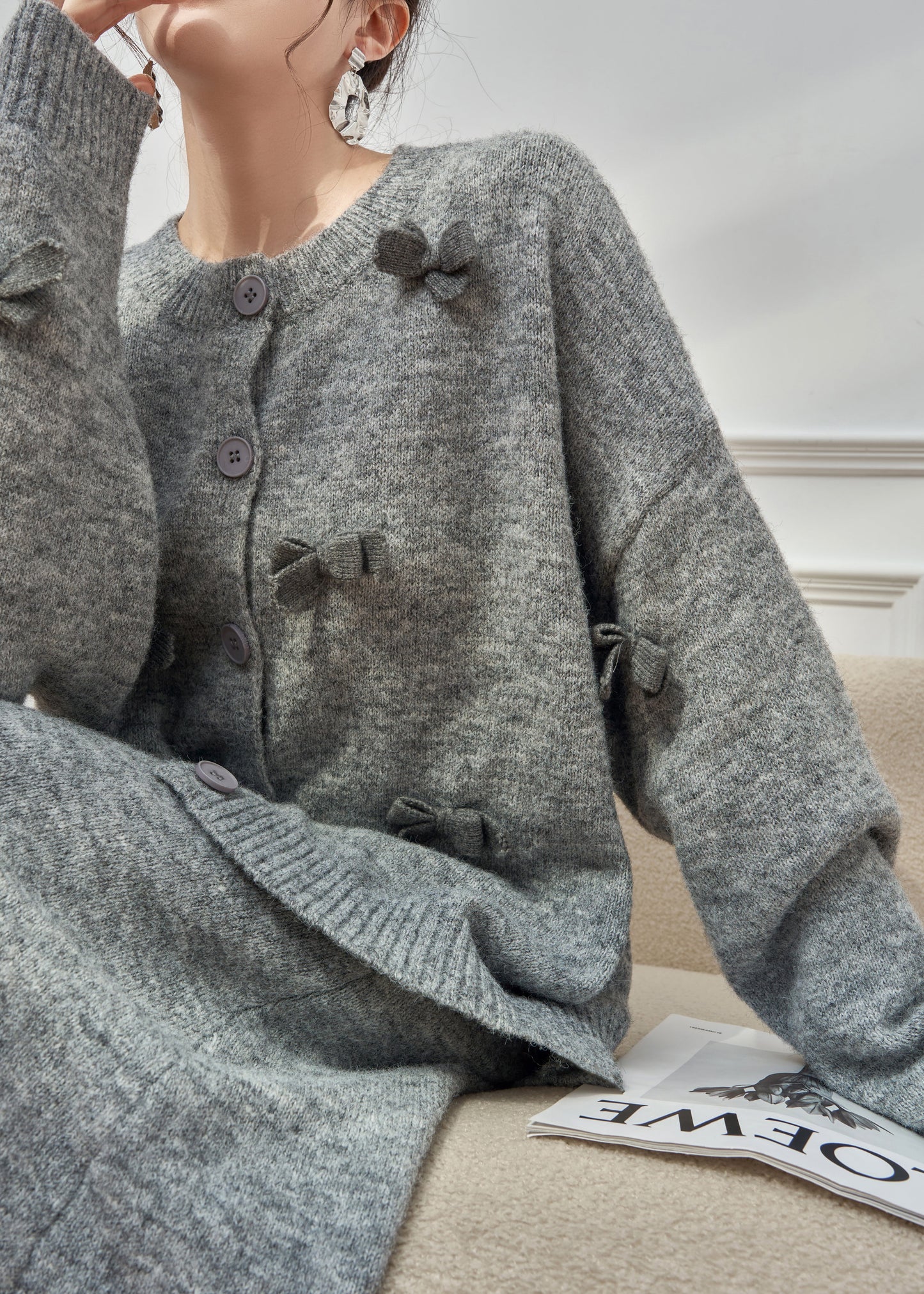 Grey O Neck Bow Button Knit Two-piece Set Winter