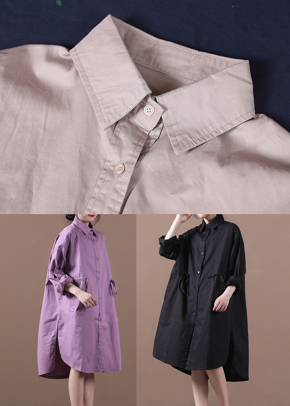 Black Pockets Cotton Loose Shirt Dresses Color Drawstring Long Sleeve