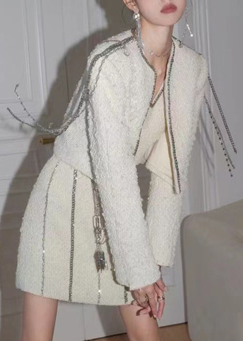 White Chain Linked Tasseled Zircon Cotton Three Pieces Set Fall