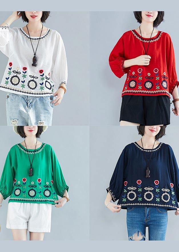White Embroideried Batwing Sleeve Shirt Tops Summer Cotton Linen