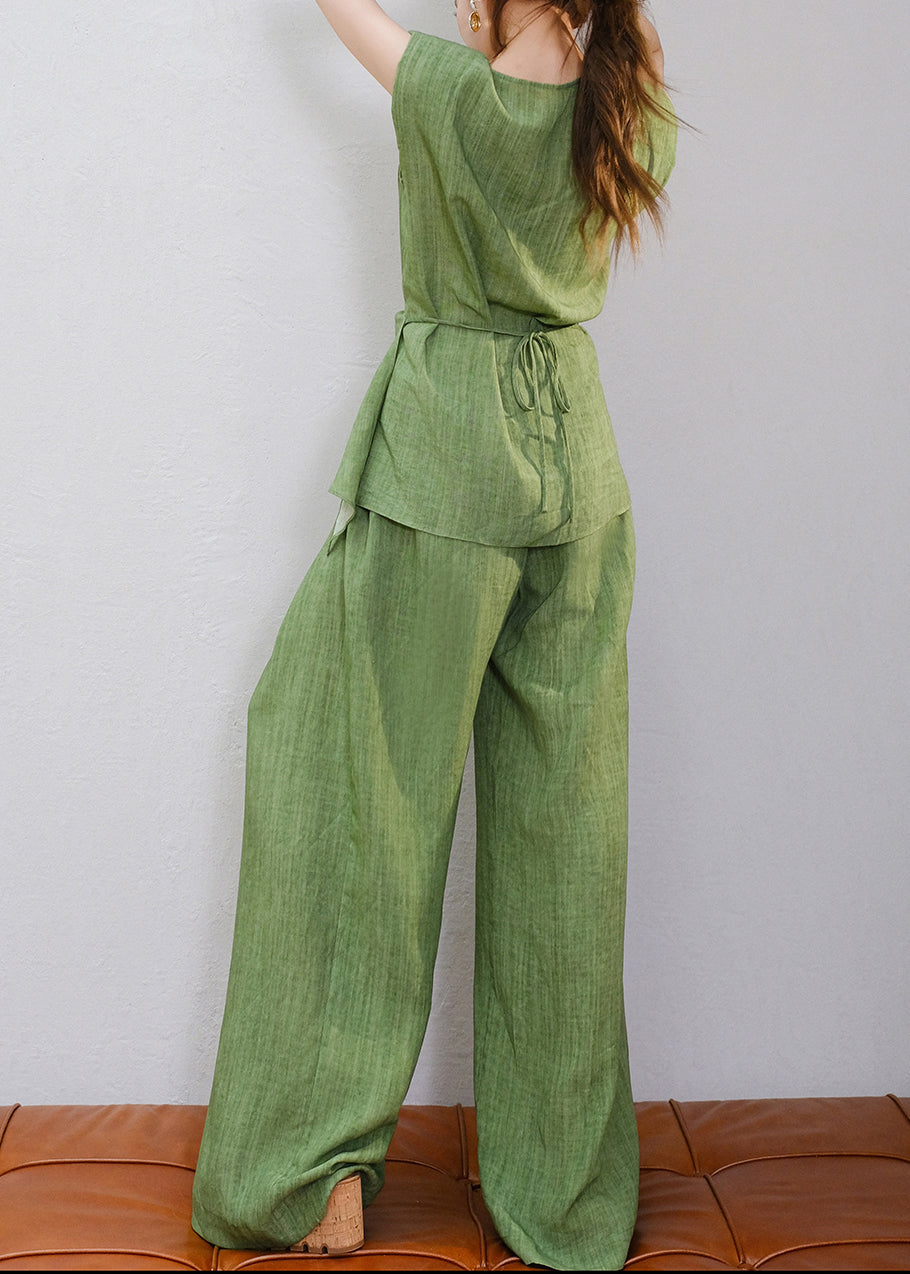 Green V Neck Lace Up Tops and Pants Linen Two Piece Set Sleeveless