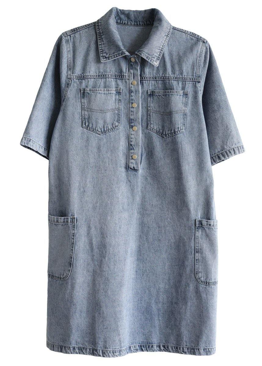 Denim Blue Peter Pan Collar Pockets Summer Cotton Mid Dress Half Sleeve