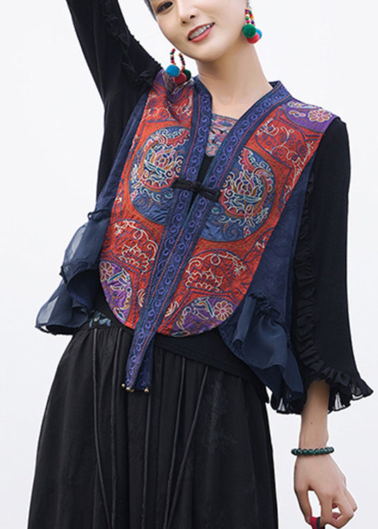 Retro Blue V Neck Embroideried Waistcoat Sleeveless