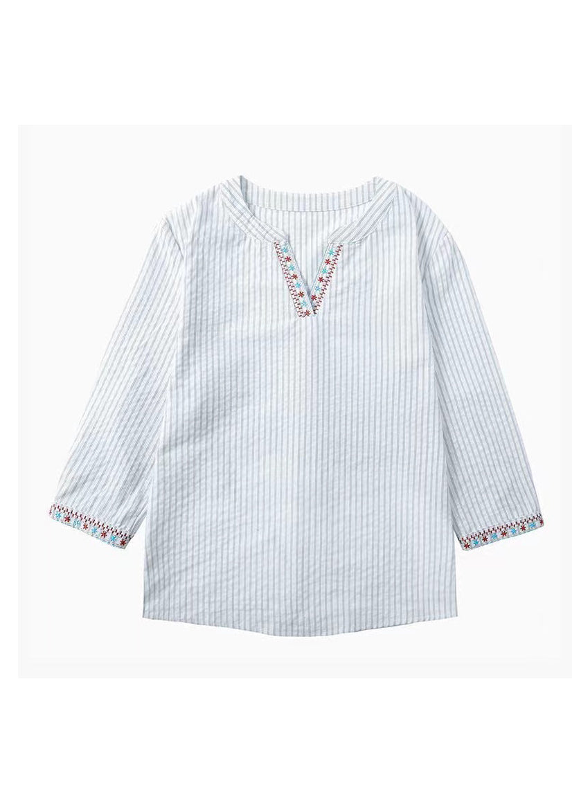 New Blue Embroidered Striped Cotton Blouses Bracelet Sleeve Fall