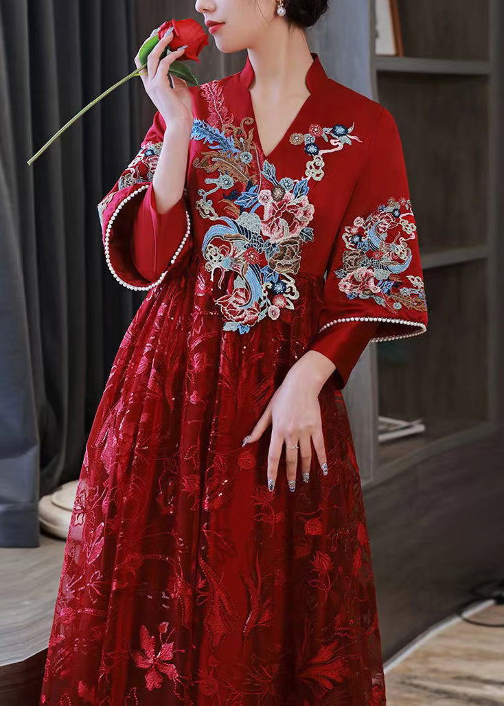 Red Embroidered Patchwork Lace Long Dress Spring