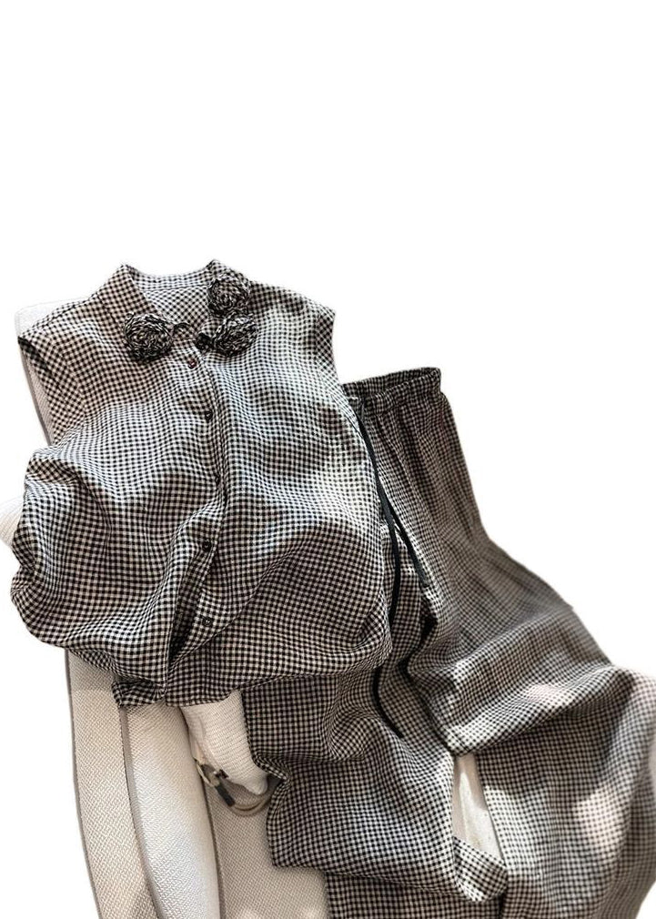 New Plaid Button Cotton Two Pieces Set Sleeveless