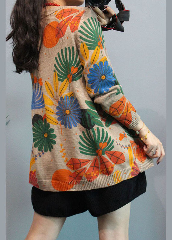 Apricot O-neck Print Fall Knit Cardigans