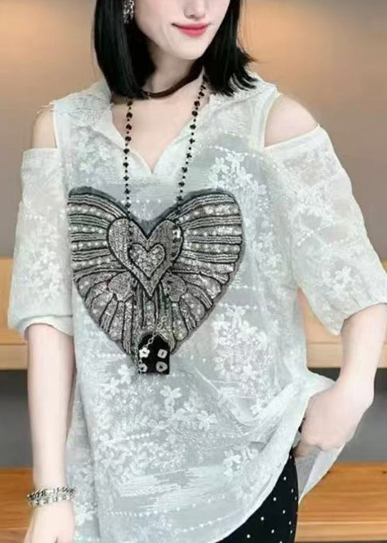 White Cold Shoulder Jacquard Cotton Hoodie Tops Summer