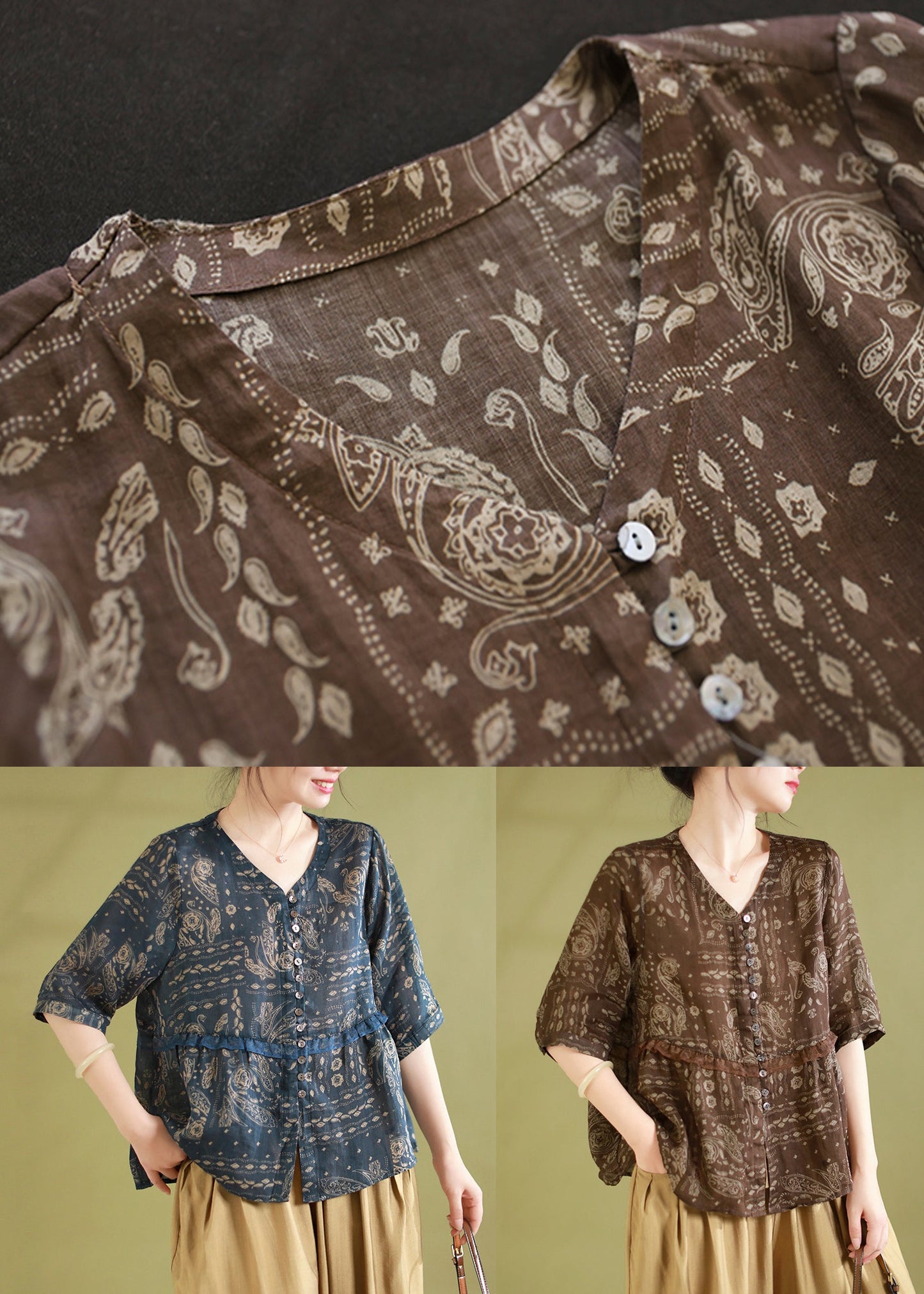 Coffee Print Ruffled Patchwork Linen Shirts Summer