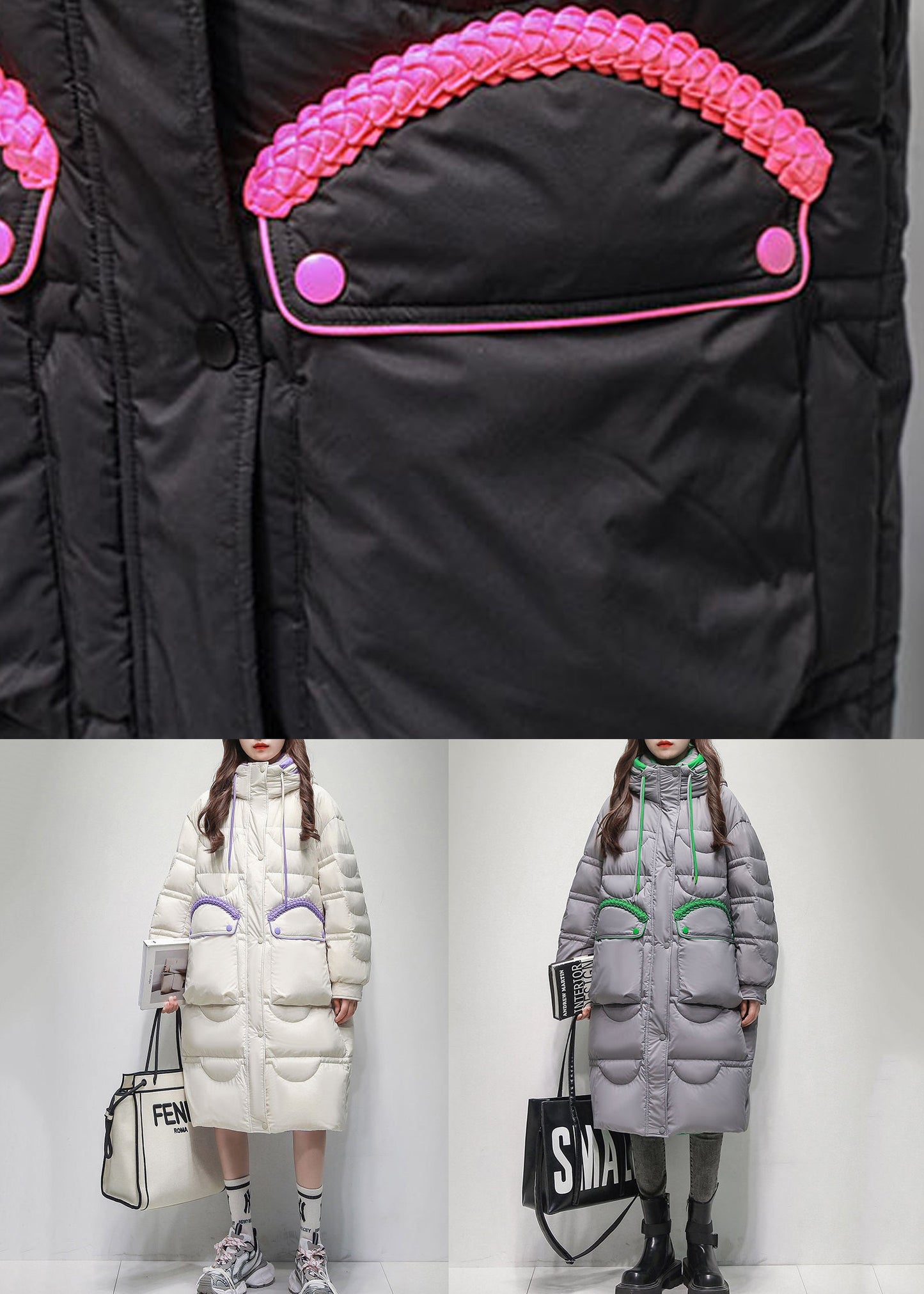 Loose Black Lace Up Pockets Patchwork Duck Down Puffer Coat Winter