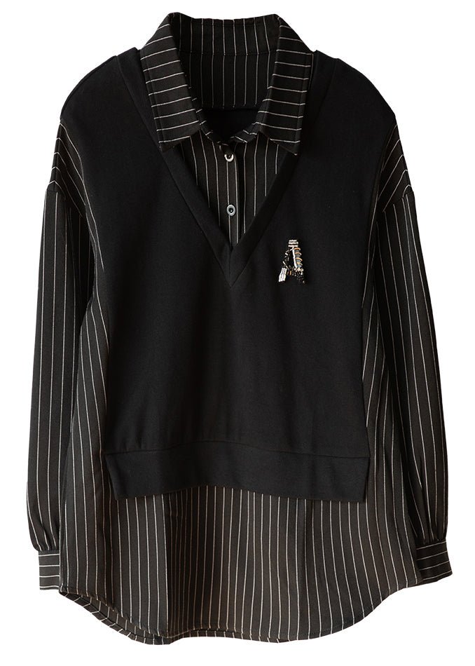 Black Striped Peter Pan Collar Patchwork Cotton Shirt Long Sleeve