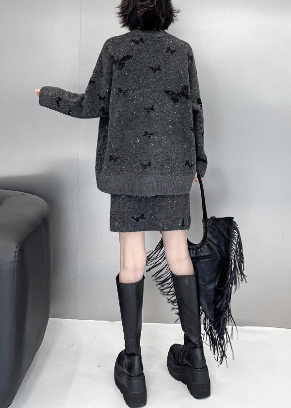 Loose Dark Gray Butterfly Sequins Sweaters and Skirts Knit Two Pieces Set