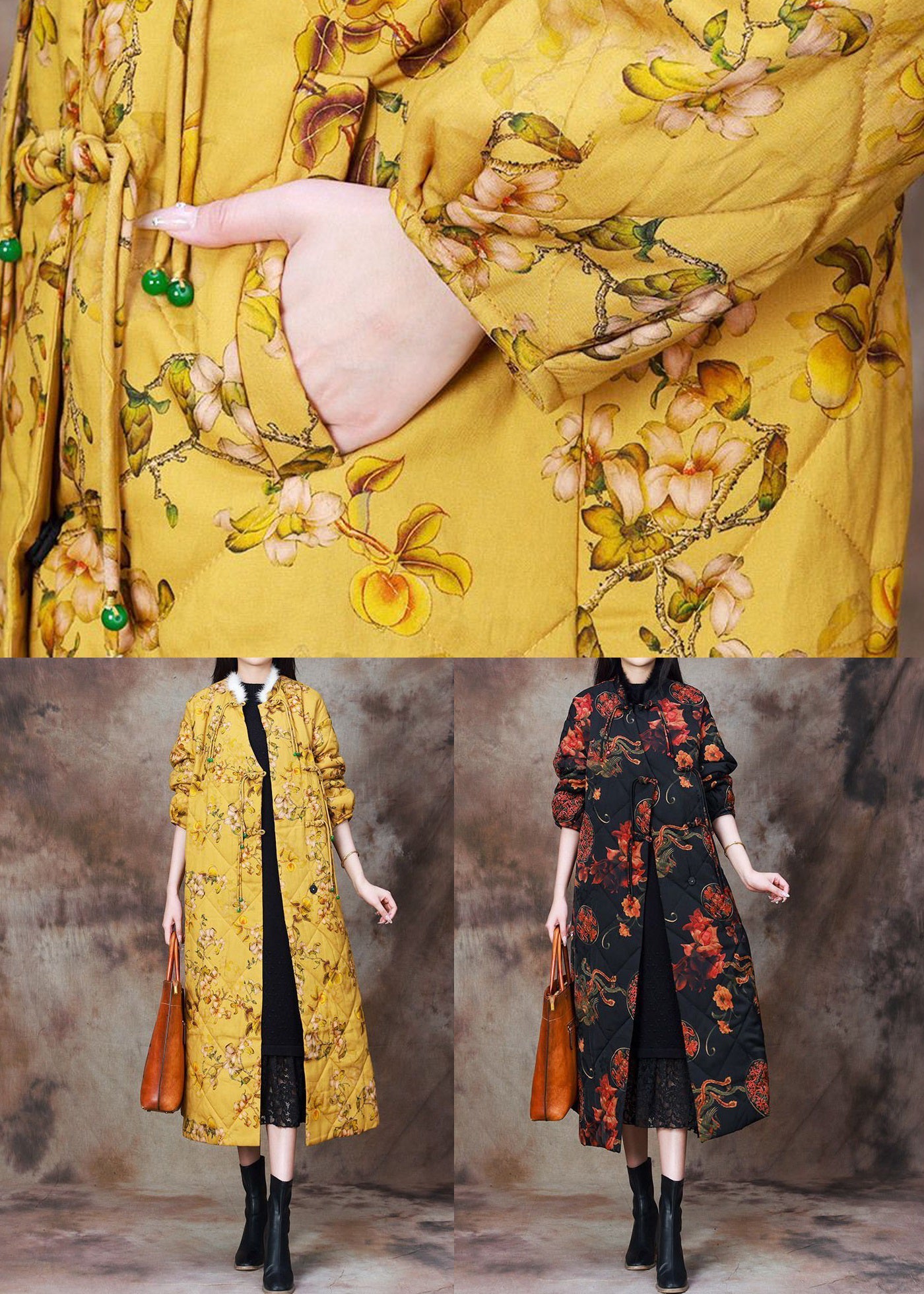Yellow Chinese Button Print Cotton Filled Coat Long Sleeve