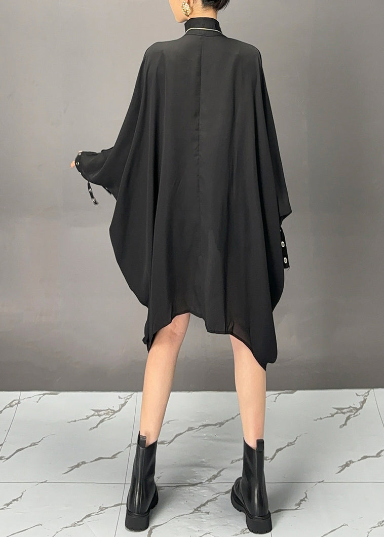 Black Turtleneck Asymmetrical Patchwork Maxi Coats Batwing Sleeve