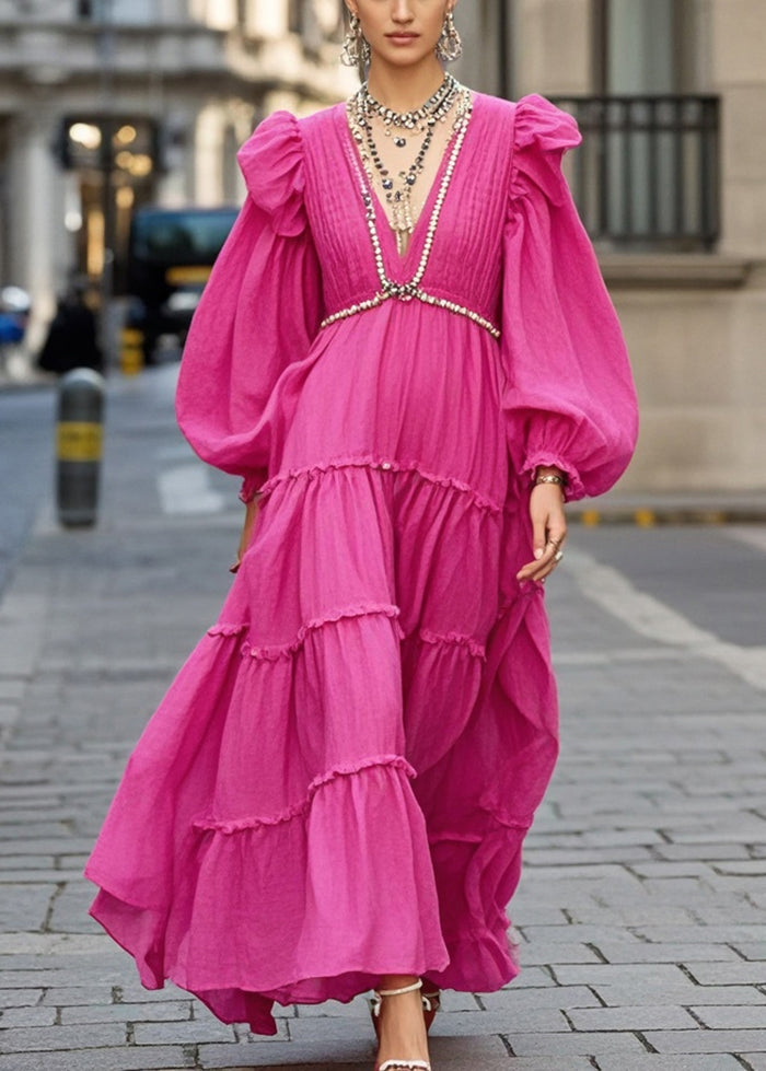 Rose Exra Large Hem Chain Linked Cotton Dresses Puff Sleeve