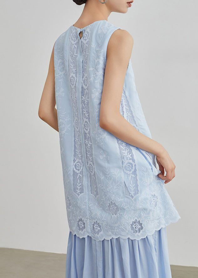 Blue Embroidered Hollow Out Fake Two Pieces Long Dresses Sleeveless