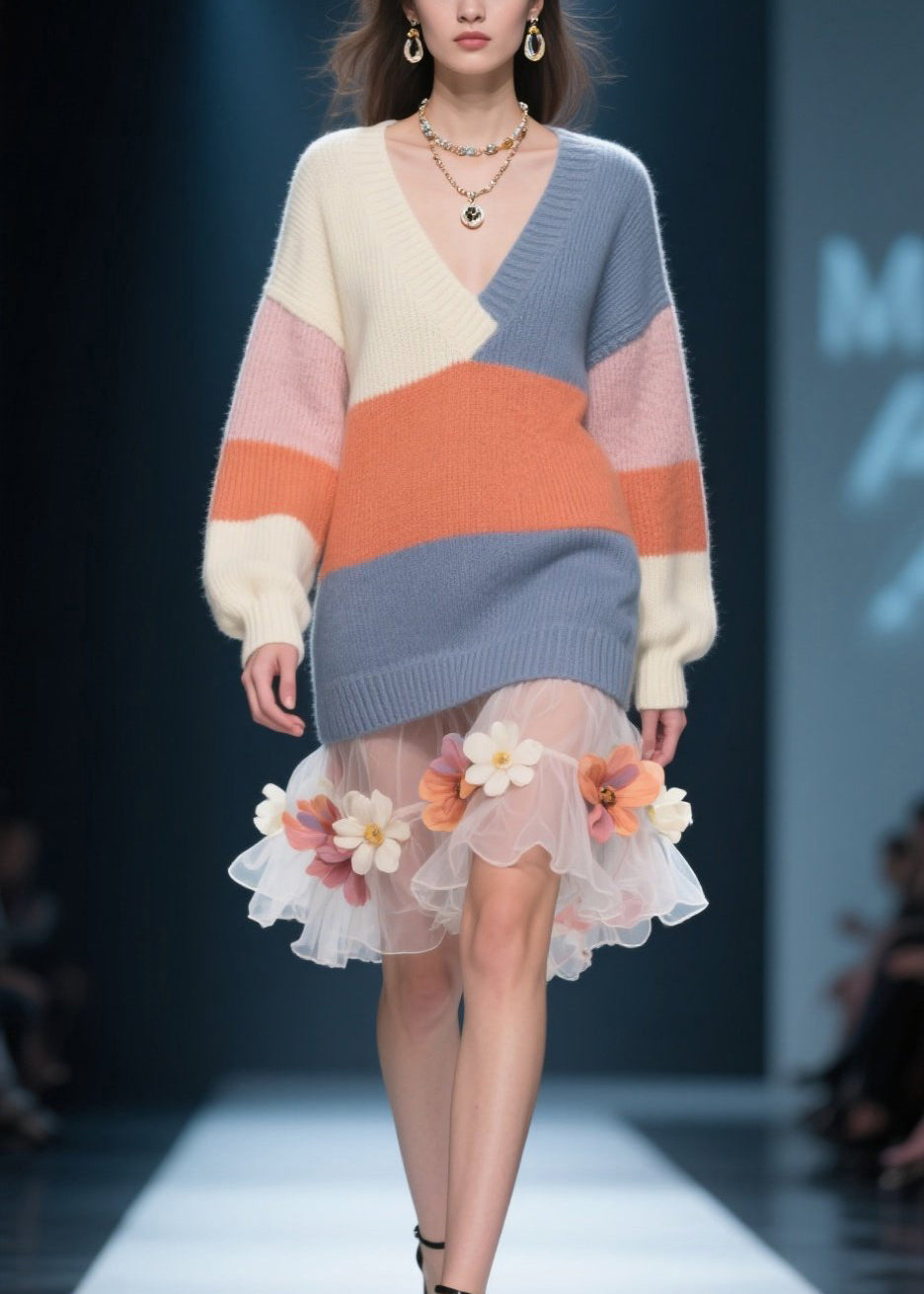Loose Colorblock V Neck Knit Sweater Top Fall