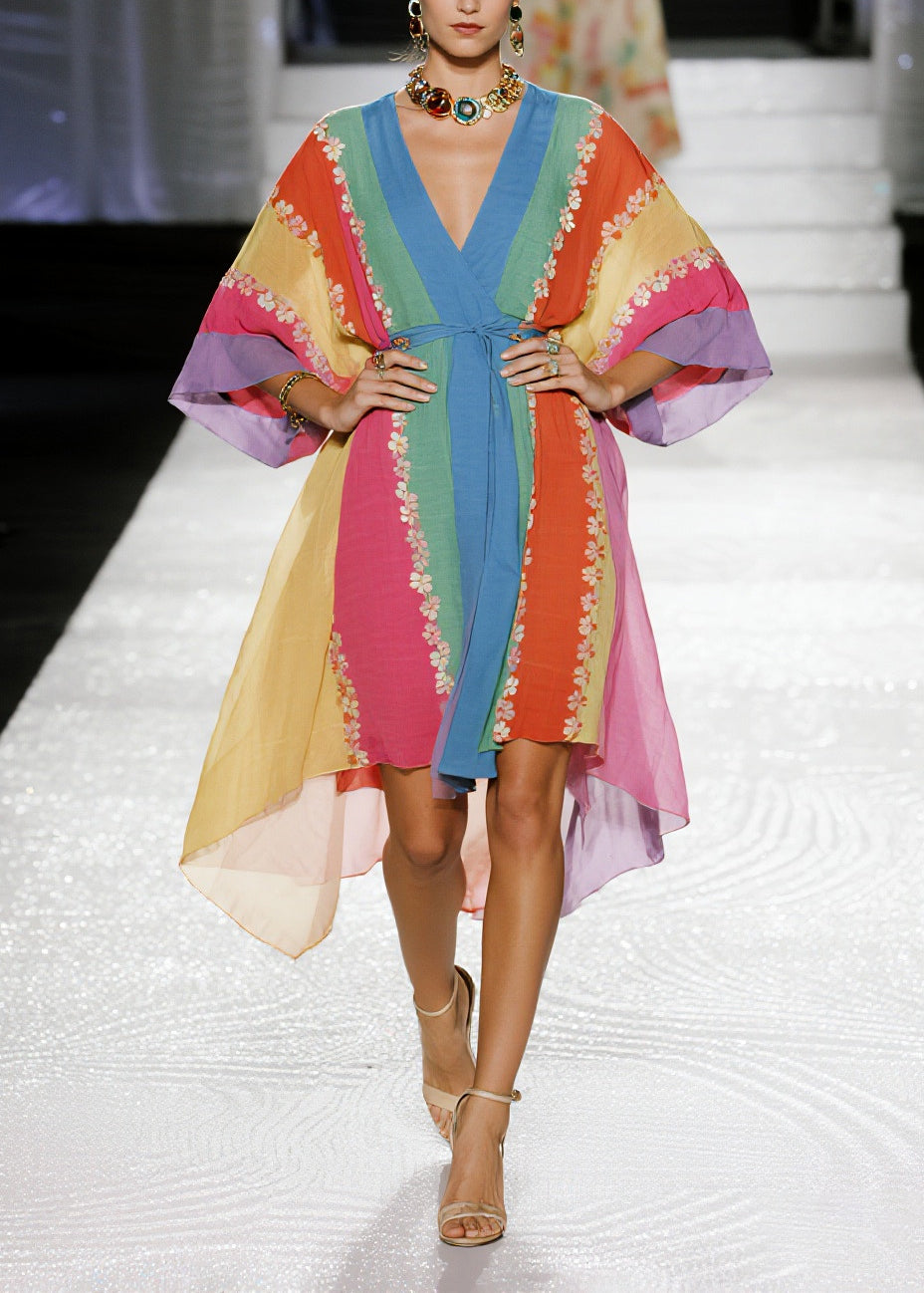 Multicolored Striped Flower Cotton Tunic Dress Summer