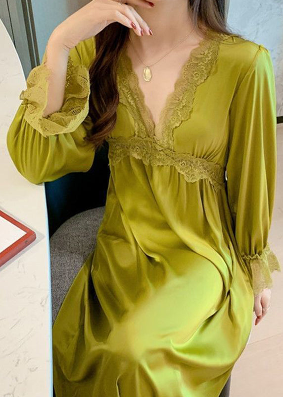 White V Neck Lace Patchwork Ice Silk Long Dress Long Sleeve