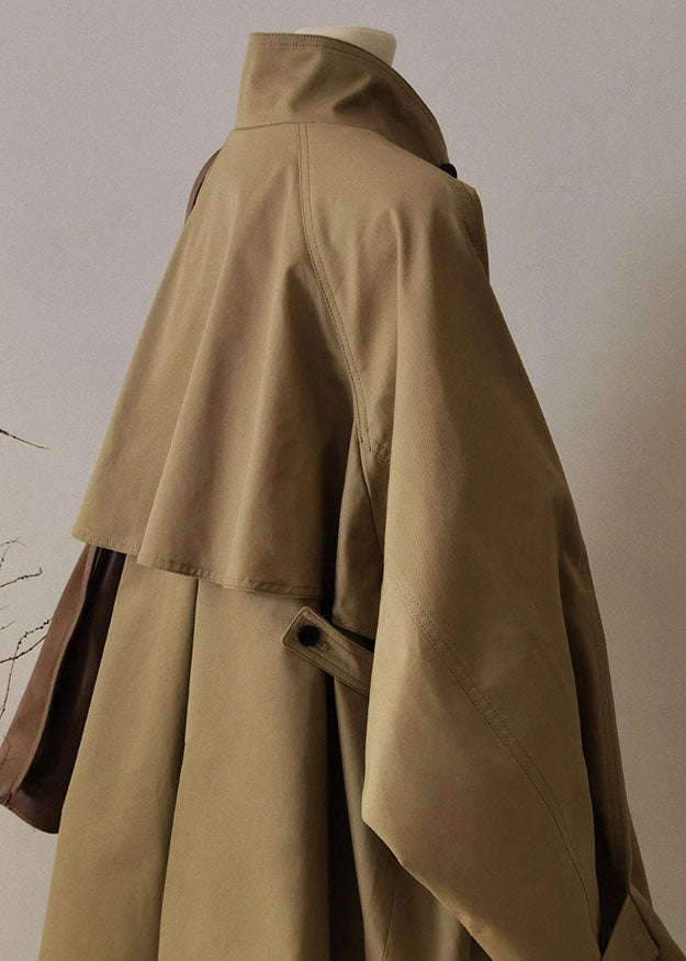French Khaki Peter Pan Collar Zippered Patchwork Trench Coats Long Sleeve Spring