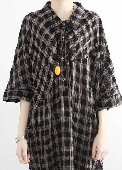 Black Plaid Linen Cotton Tunics Outfits Polo Collor Clothing Summer Dress