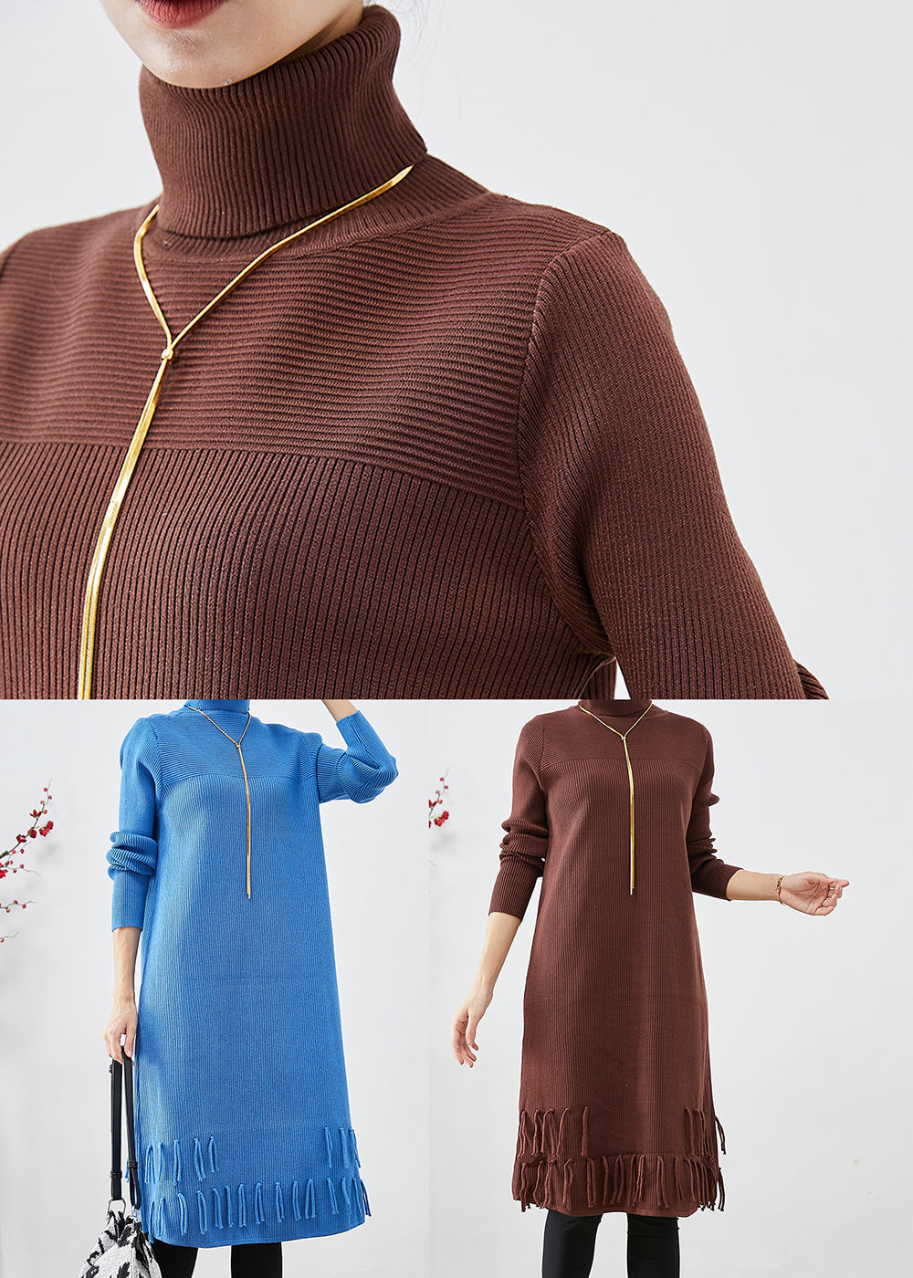 Blue Turtle Neck Tasseled Knitted Dress Fall