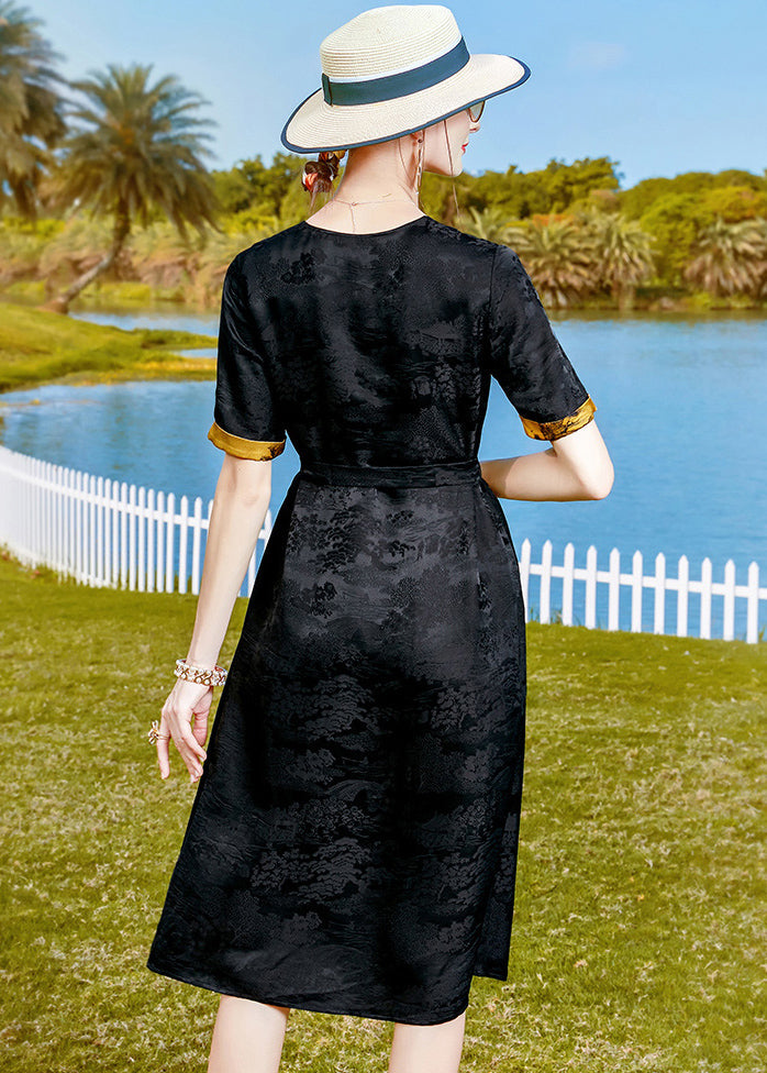 Black Jacquard Tie Waist Silk Oriental Dresses Short Sleeve
